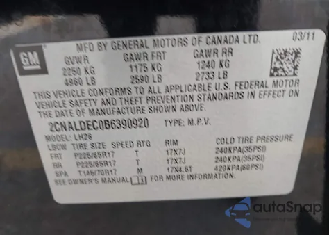 2011 Chevrolet Equinox 1Lt z USA, uszkodzony, nr VIN 2CNALDEC0B6390920